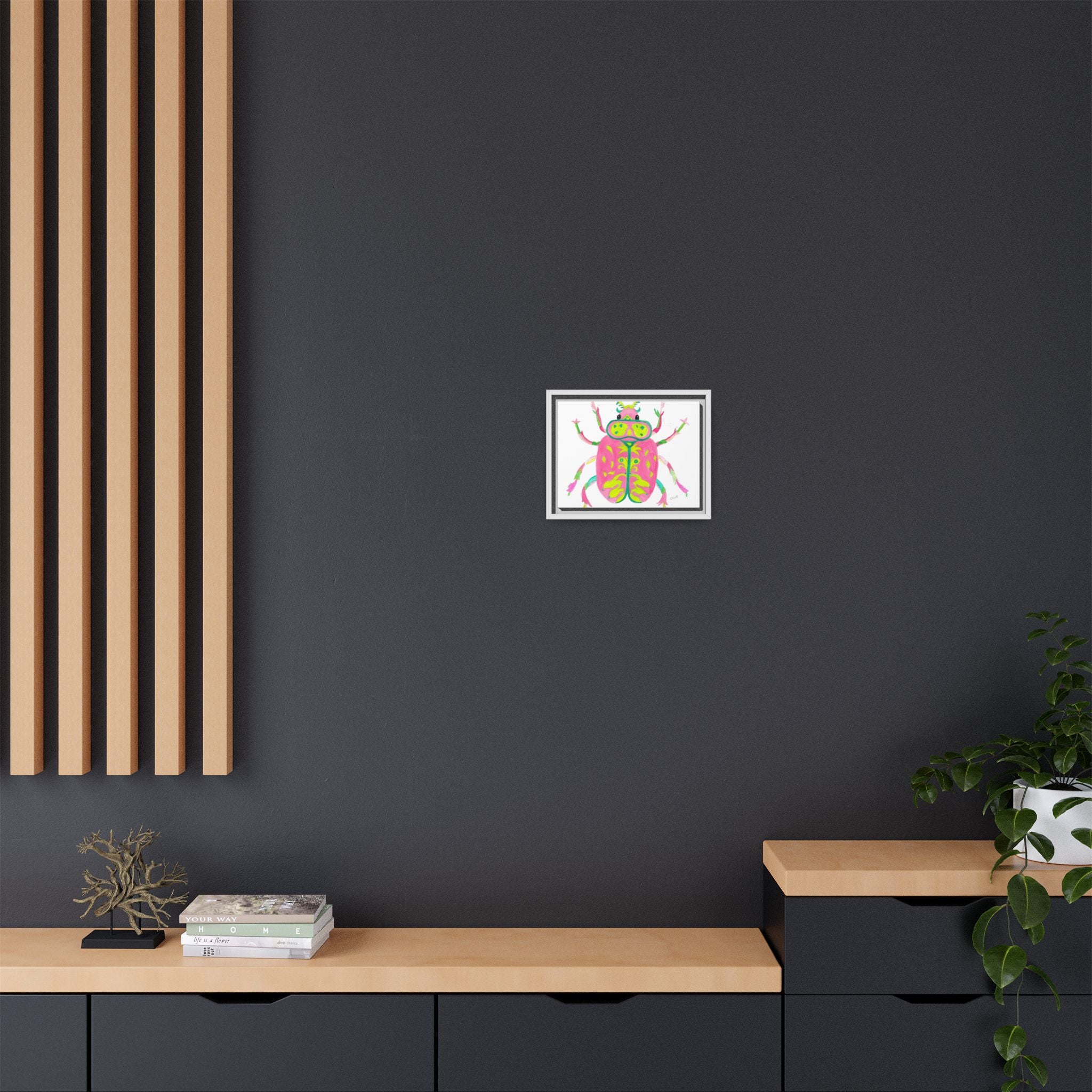 Neon Beetle Framed Canvas Print — Vibrant Pink & Lime Bug Wall Art - By Olive Highfield