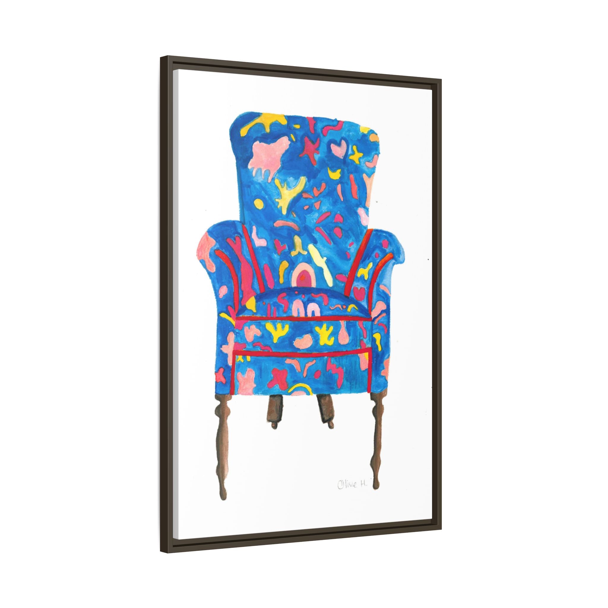 Framed Bright Blue Armchair Canvas Print — Colorful Floral Accent Art - By Olive Highfield