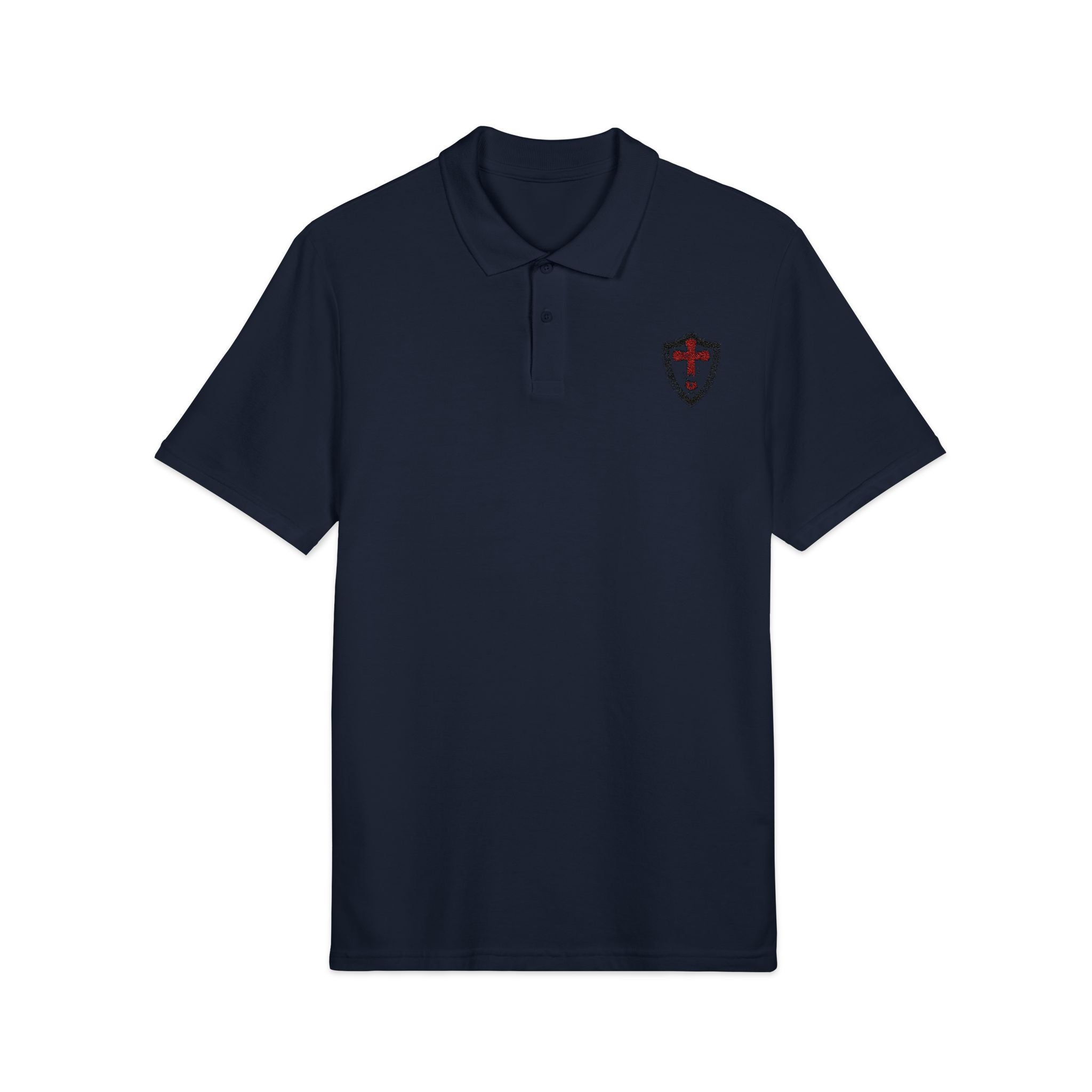 Shield Polo Shirt — Classic Crest Logo on Heather Gray (Heat Press)