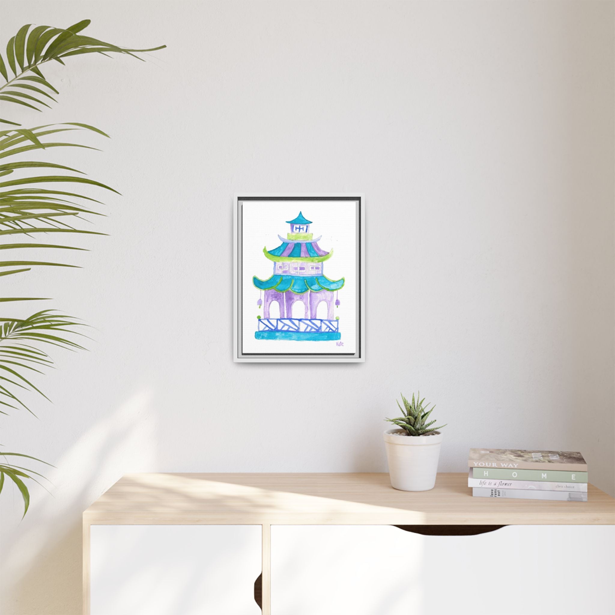 Pagoda Watercolor Wall Art — Framed Matte Canvas Print (Teal & Lavender) - By Kate