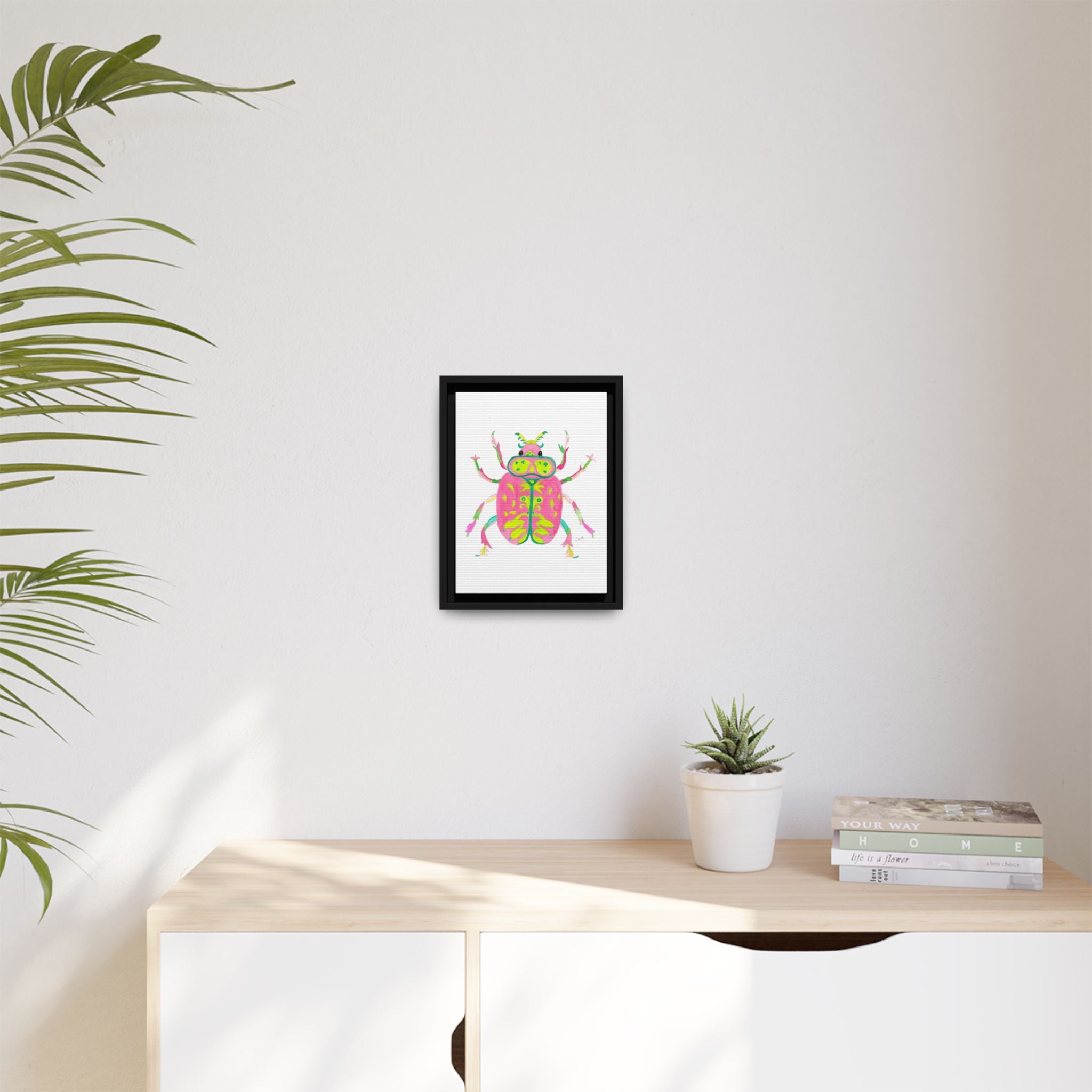 Neon Beetle Framed Canvas Print — Vibrant Pink & Lime Bug Wall Art - By Olive Highfield