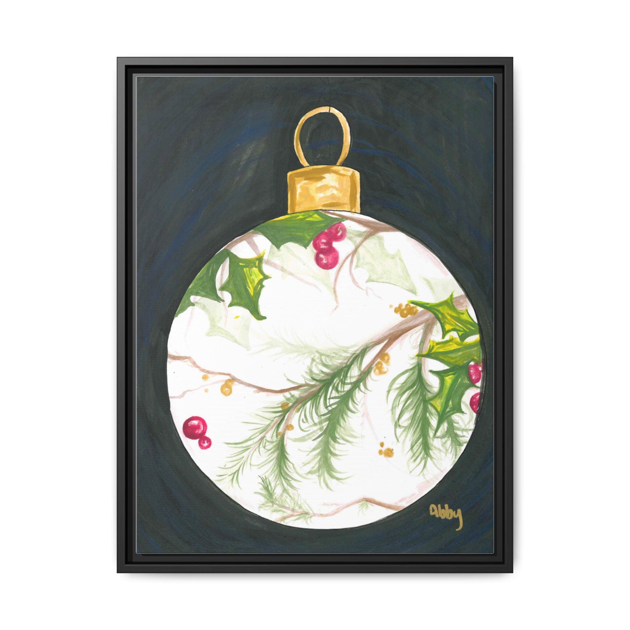 Framed Christmas Ornament Art Print — Holiday Holly & Pine Matte Canvas - By ABBY SANDI