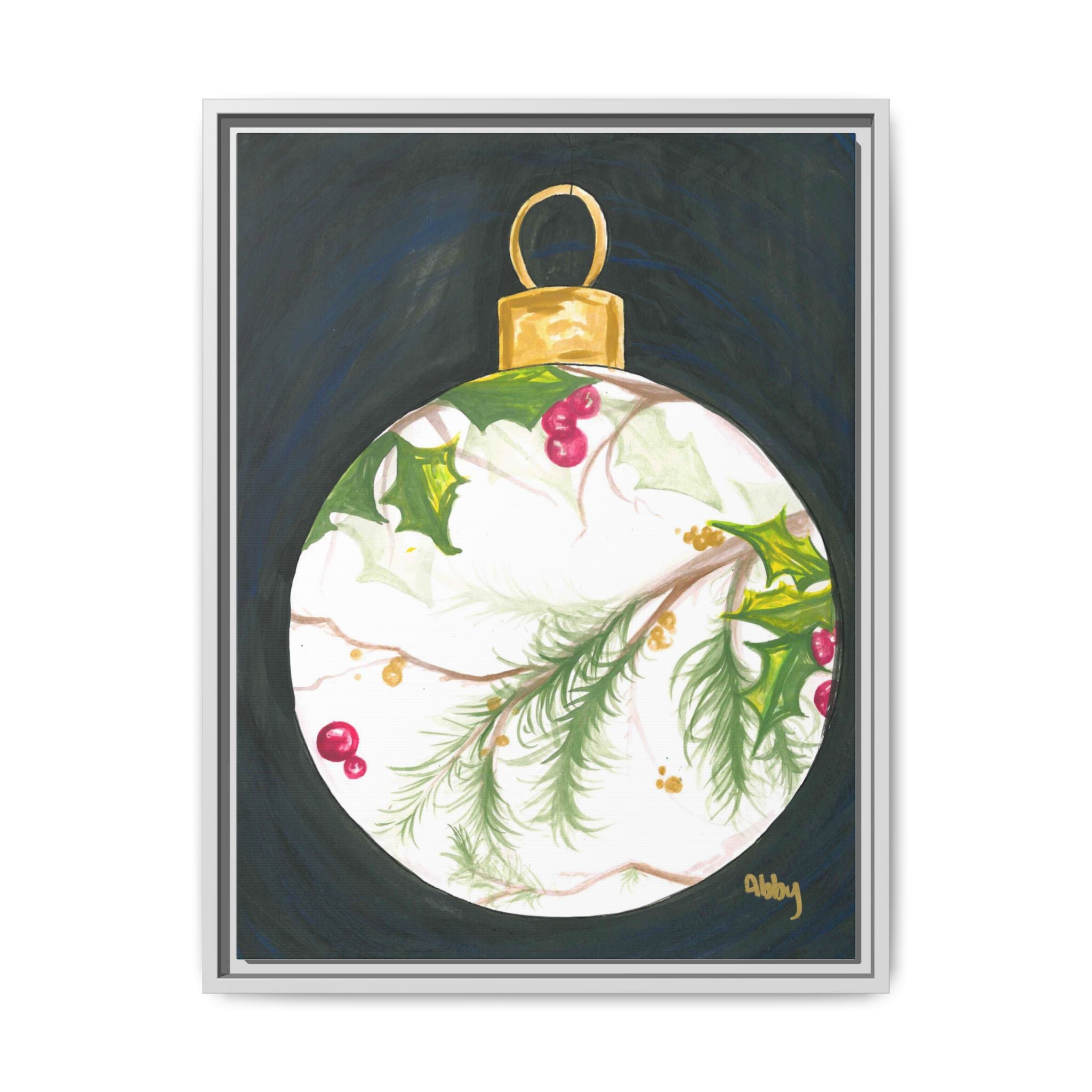Framed Christmas Ornament Art Print — Holiday Holly & Pine Matte Canvas - By ABBY SANDI