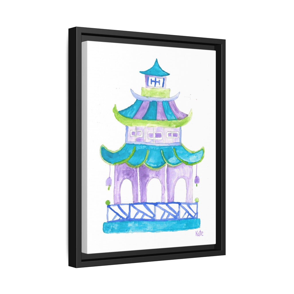 Pagoda Watercolor Wall Art — Framed Matte Canvas Print (Teal & Lavender) - By Kate