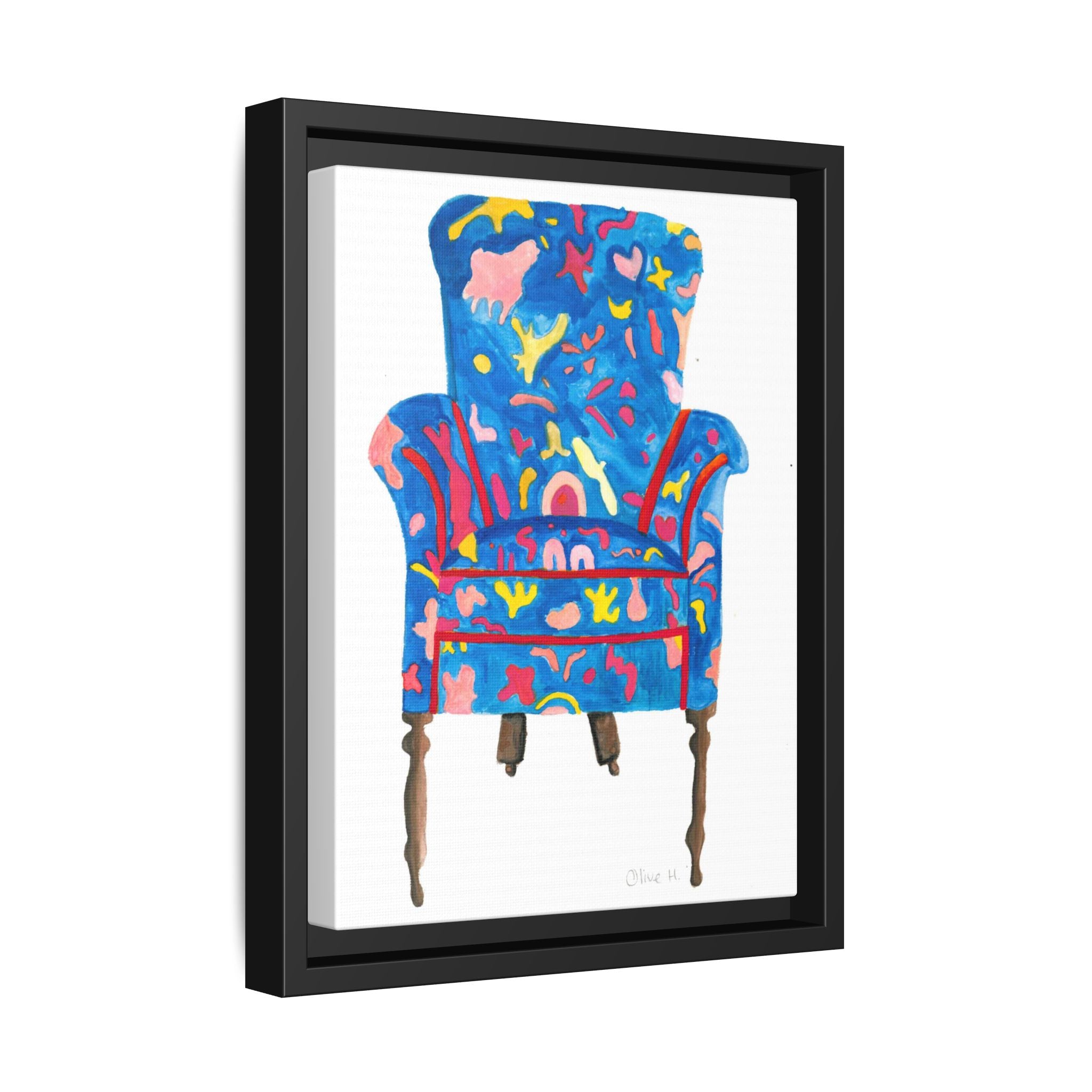 Framed Bright Blue Armchair Canvas Print — Colorful Floral Accent Art - By Olive Highfield