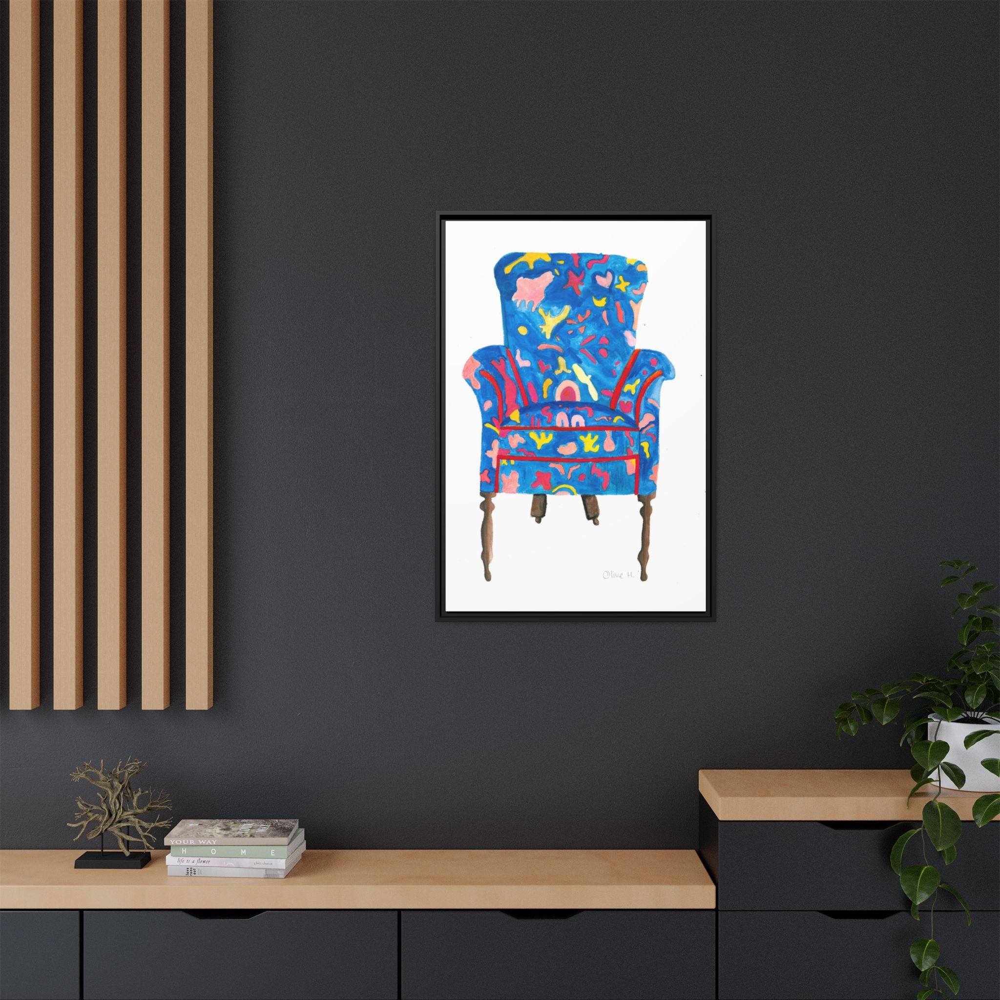 Framed Bright Blue Armchair Canvas Print — Colorful Floral Accent Art - By Olive Highfield