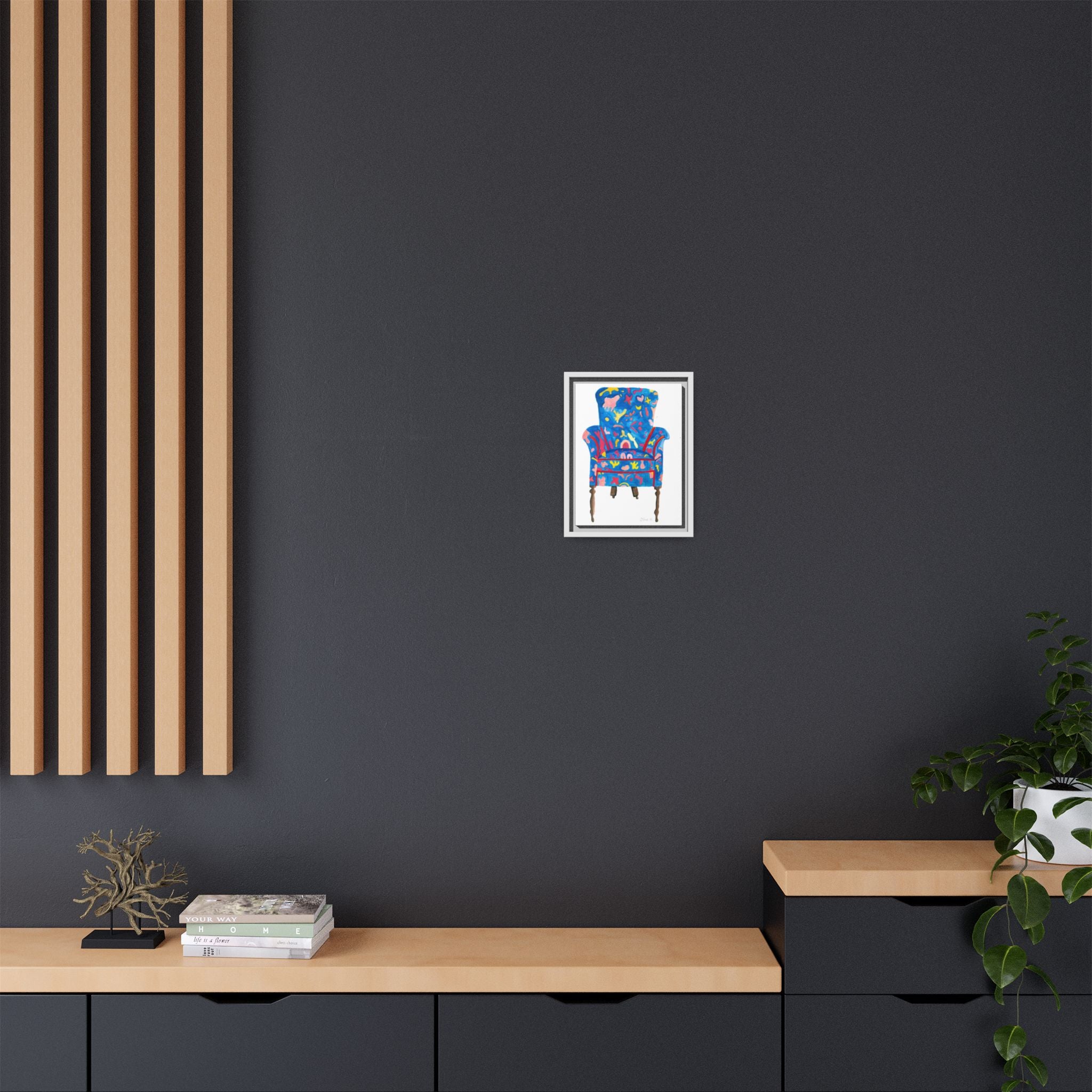 Framed Bright Blue Armchair Canvas Print — Colorful Floral Accent Art - By Olive Highfield