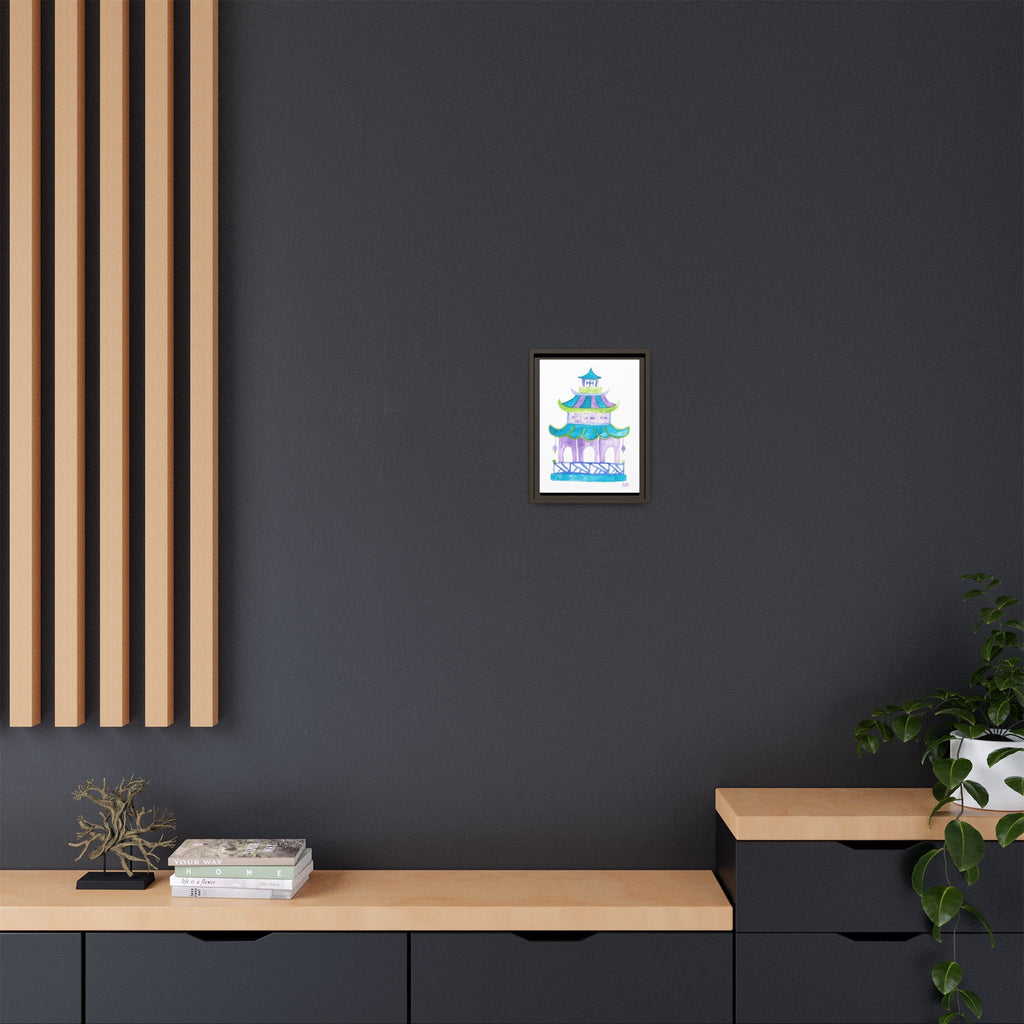 Pagoda Watercolor Wall Art — Framed Matte Canvas Print (Teal & Lavender) - By Kate