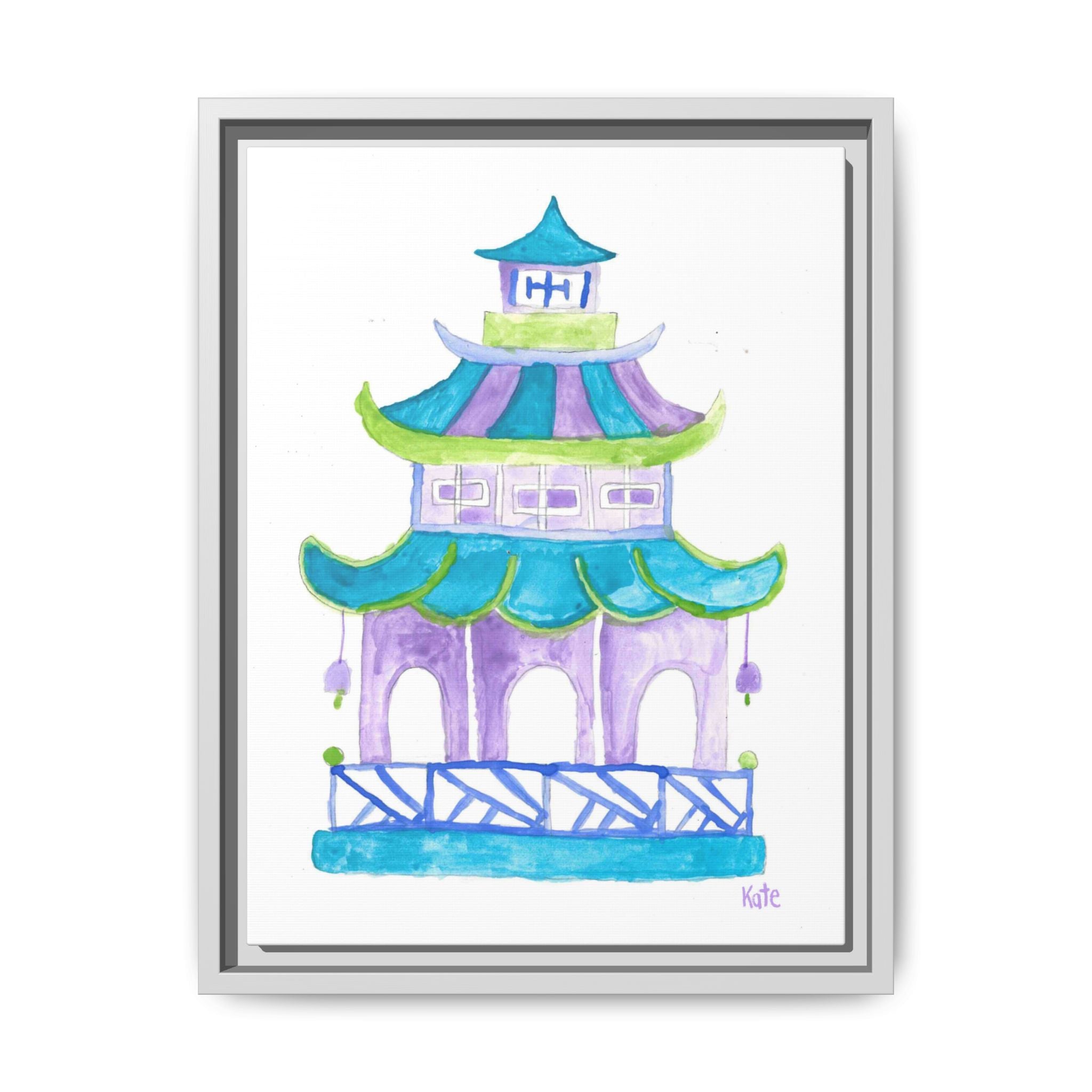 Pagoda Watercolor Wall Art — Framed Matte Canvas Print (Teal & Lavender) - By Kate