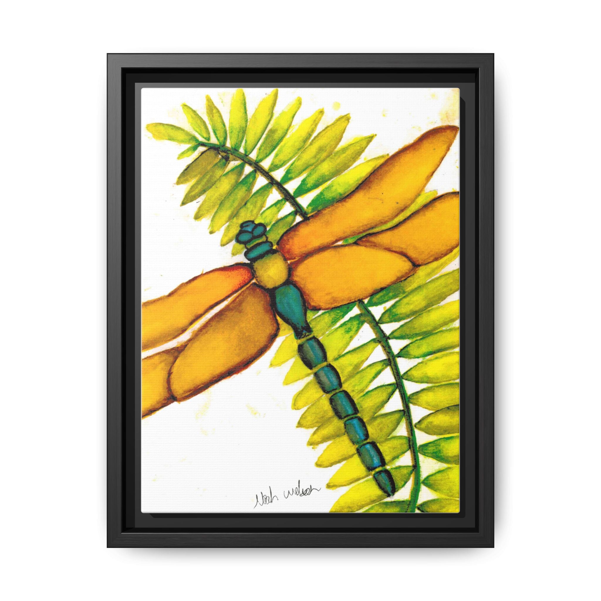 Framed Dragonfly Art Print - Tropical Yellow Green Matte Canvas - By Noah Wilson