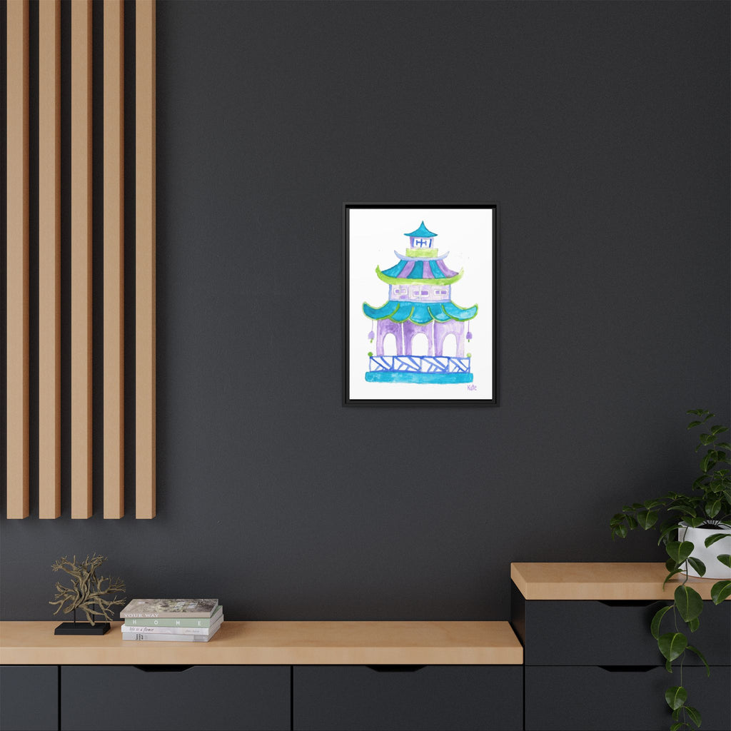 Pagoda Watercolor Wall Art — Framed Matte Canvas Print (Teal & Lavender) - By Kate