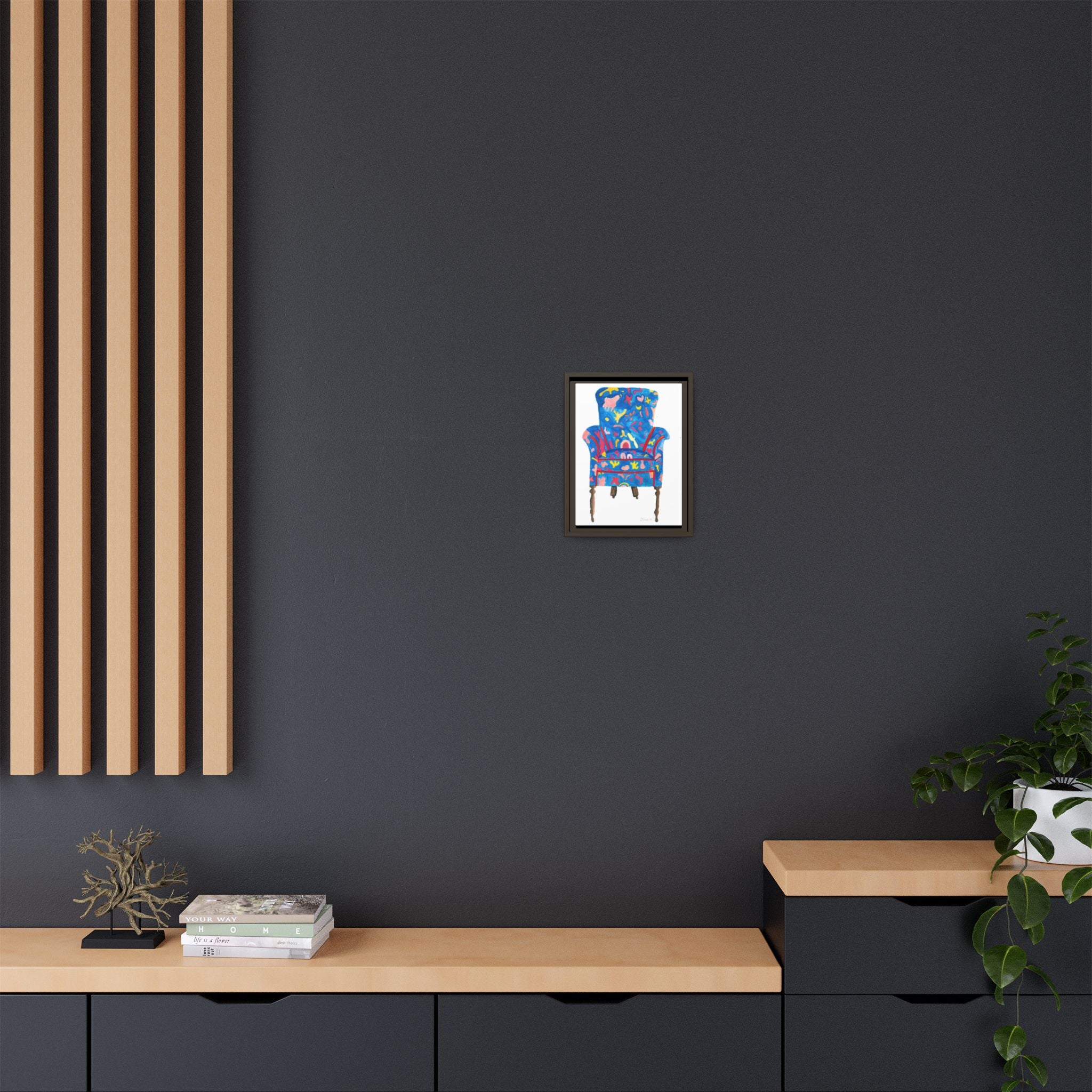 Framed Bright Blue Armchair Canvas Print — Colorful Floral Accent Art - By Olive Highfield