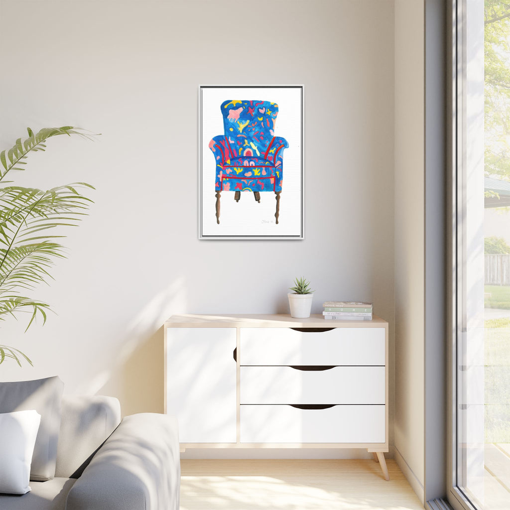Framed Bright Blue Armchair Canvas Print — Colorful Floral Accent Art - By Olive Highfield