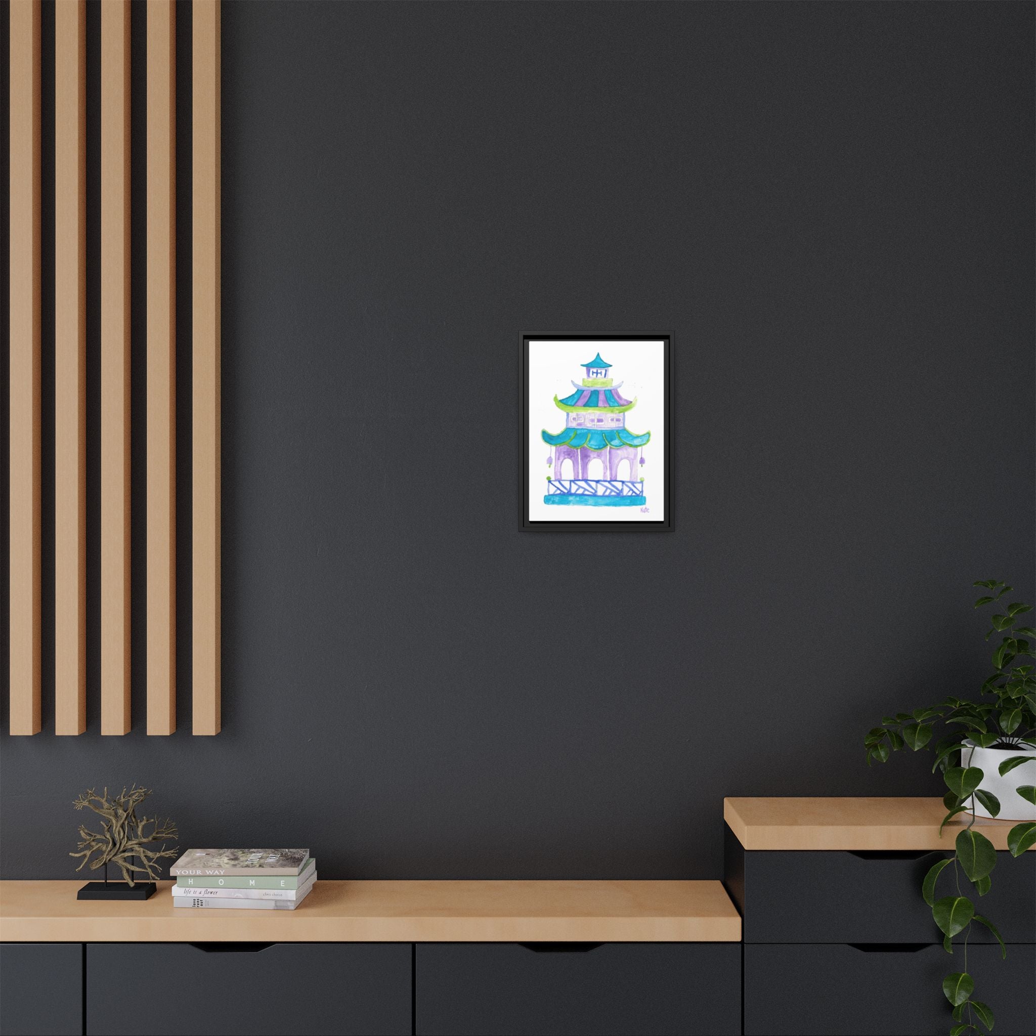 Pagoda Watercolor Wall Art — Framed Matte Canvas Print (Teal & Lavender) - By Kate