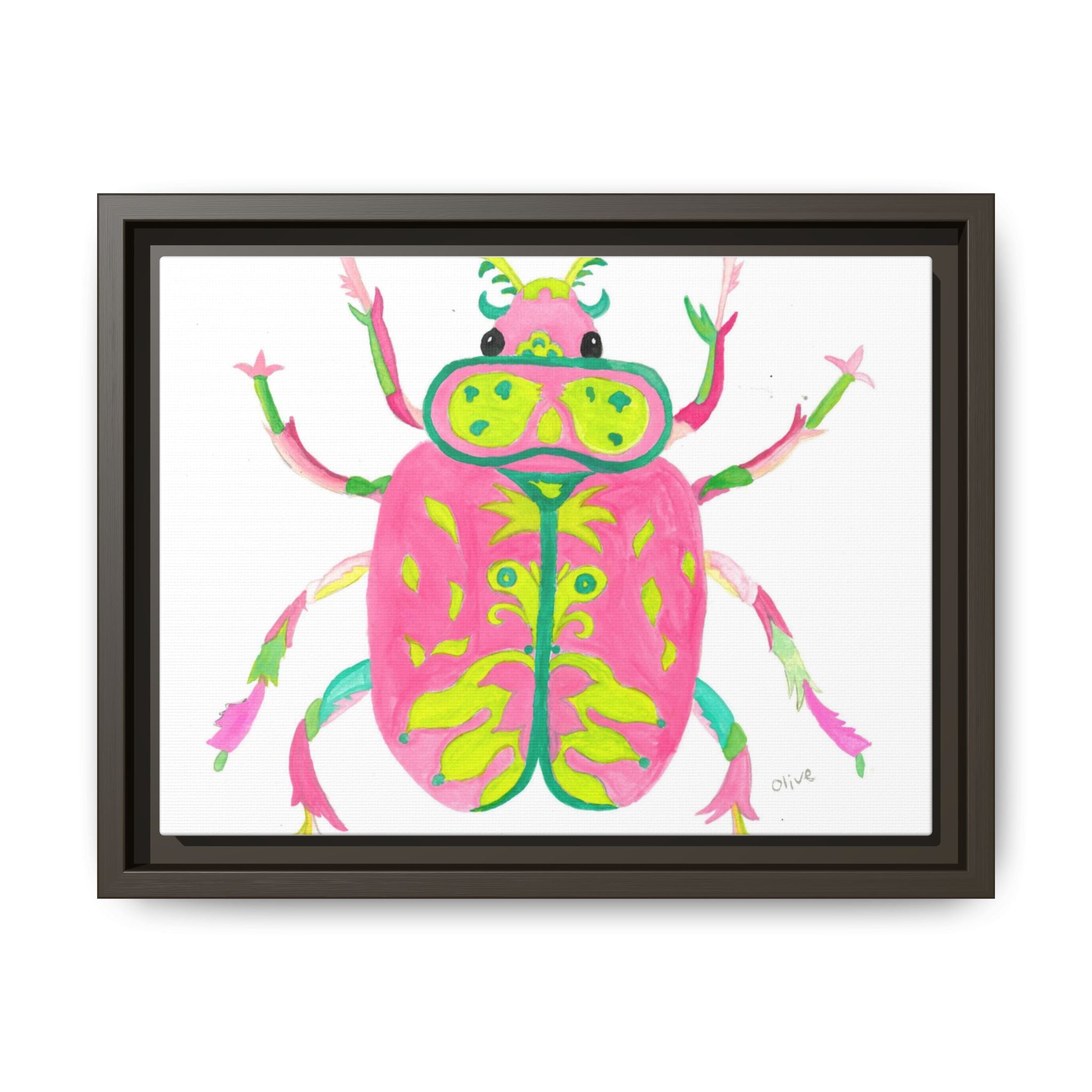 Neon Beetle Framed Canvas Print — Vibrant Pink & Lime Bug Wall Art - By Olive Highfield
