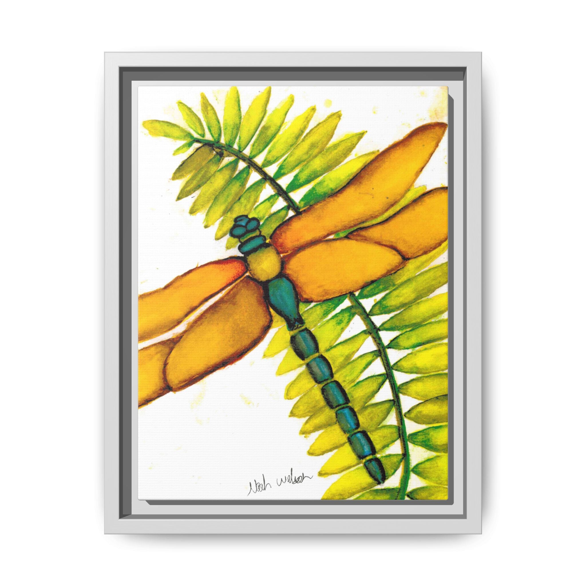 Framed Dragonfly Art Print - Tropical Yellow Green Matte Canvas - By Noah Wilson