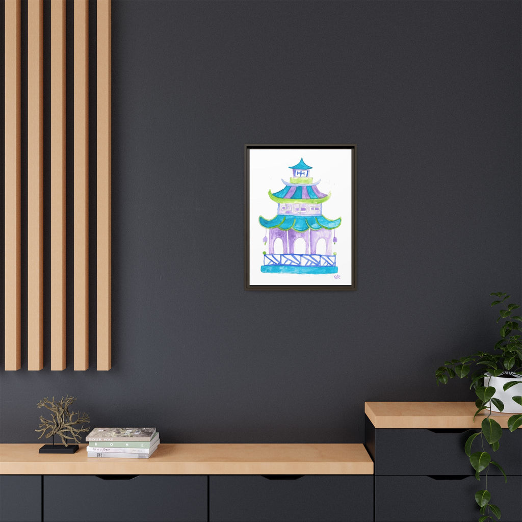 Pagoda Watercolor Wall Art — Framed Matte Canvas Print (Teal & Lavender) - By Kate