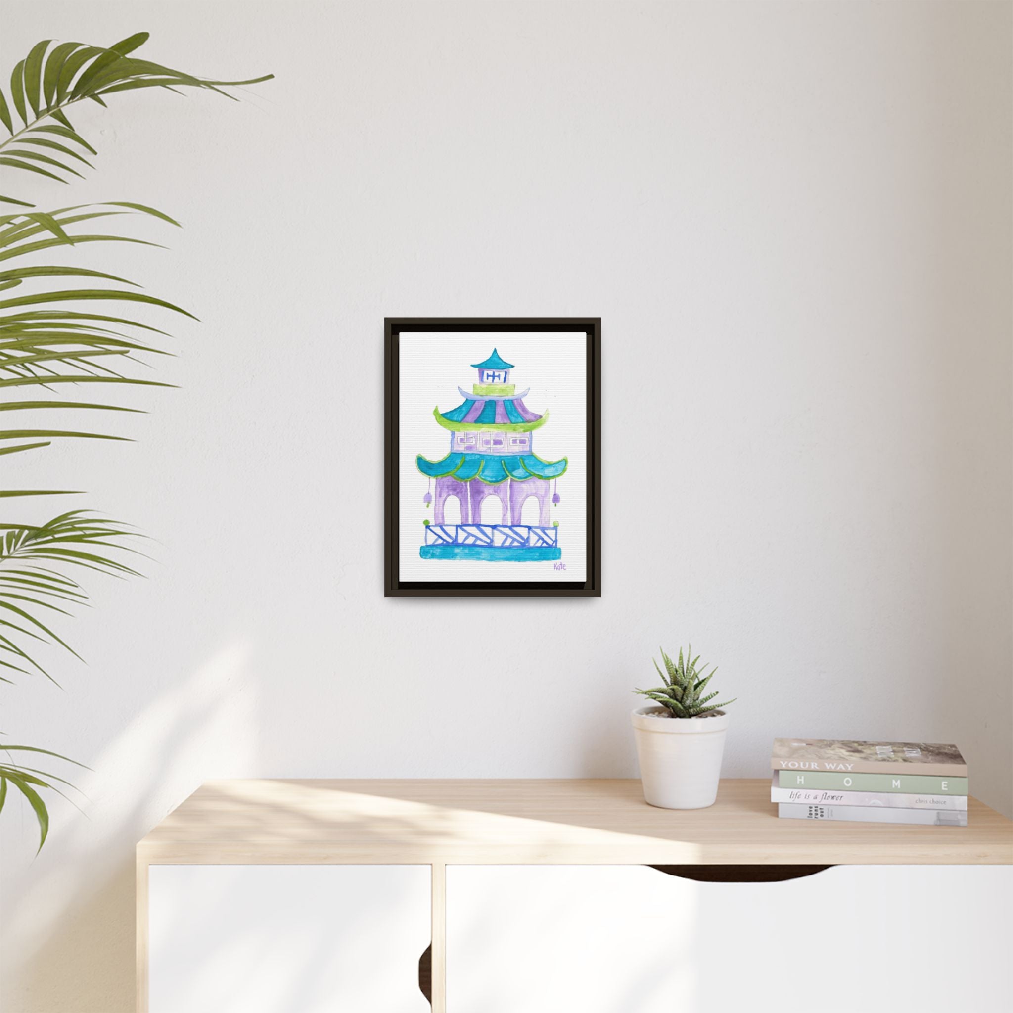 Pagoda Watercolor Wall Art — Framed Matte Canvas Print (Teal & Lavender) - By Kate