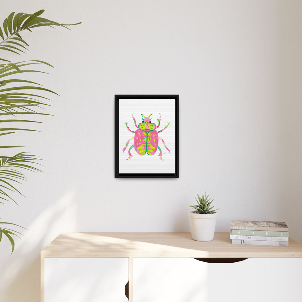 Neon Beetle Framed Canvas Print — Vibrant Pink & Lime Bug Wall Art - By Olive Highfield
