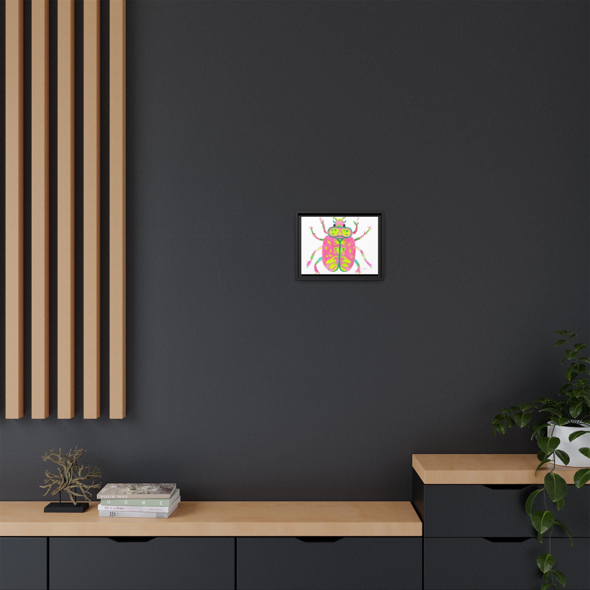 Neon Beetle Framed Canvas Print — Vibrant Pink & Lime Bug Wall Art - By Olive Highfield