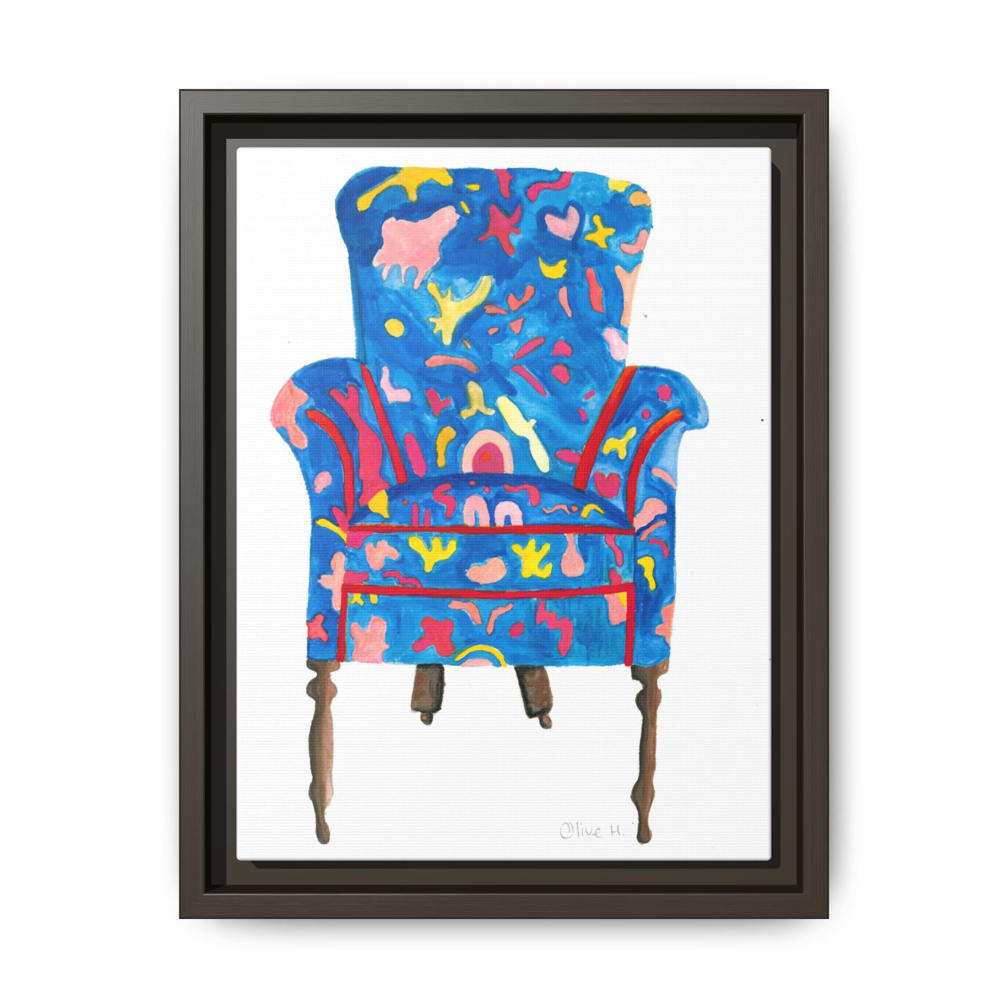 Framed Bright Blue Armchair Canvas Print — Colorful Floral Accent Art - By Olive Highfield