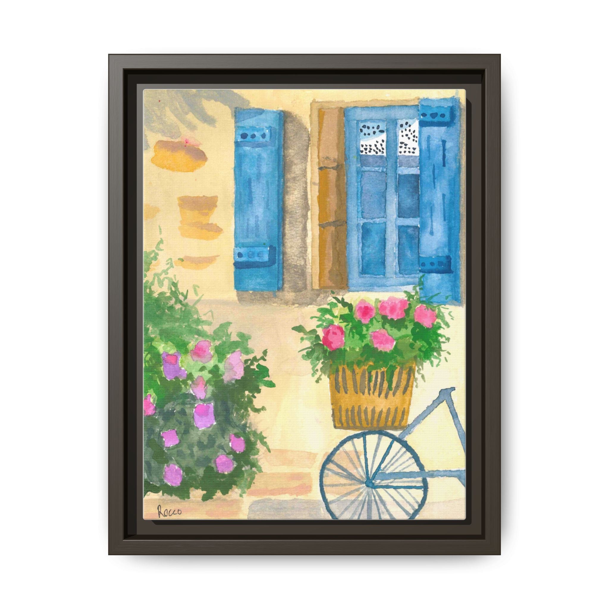 Framed Canvas Art — Bicycle by Blue Shutter Window, Floral Cottage Wall Decor by Rocco Scoggins